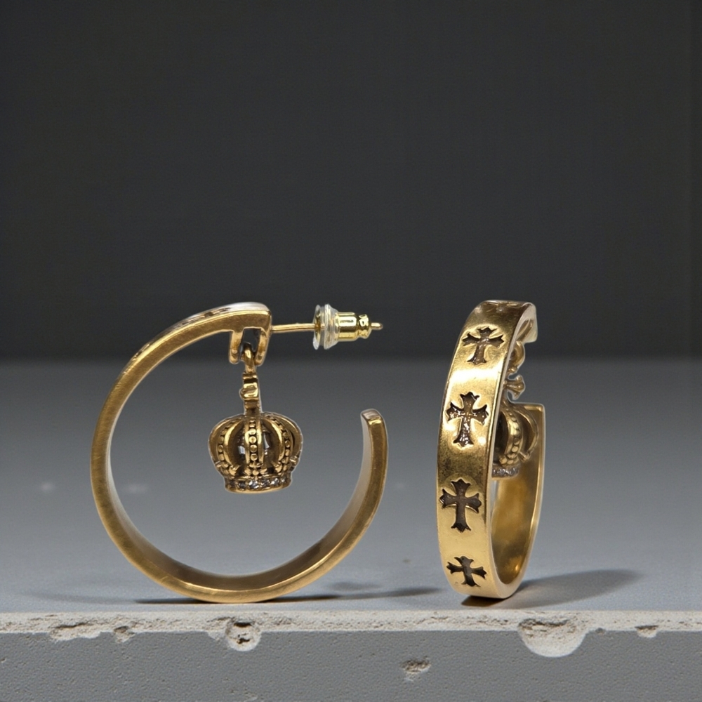 New 18k Gold Plated Cross & Dangle Crystal Crown Hoop Designer Earrings